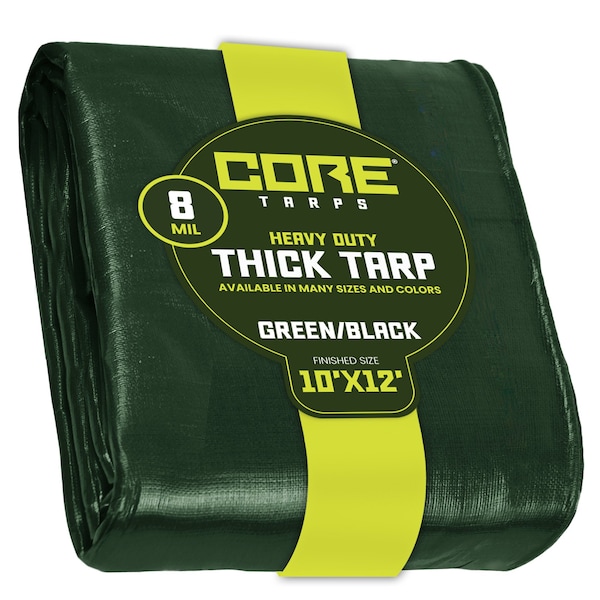 Core Tarps Heavy Duty Tarp, 12 ft L x 0.5 mm H x 10 ft W, 8 Mil, Green/Black, Polyethylene CT-403-10X12 - main